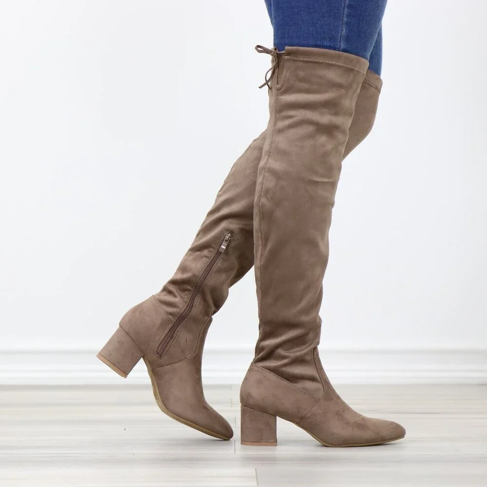 Taupe Over-the-Knee Boots Faux Suede Low Block Heel Tie Back